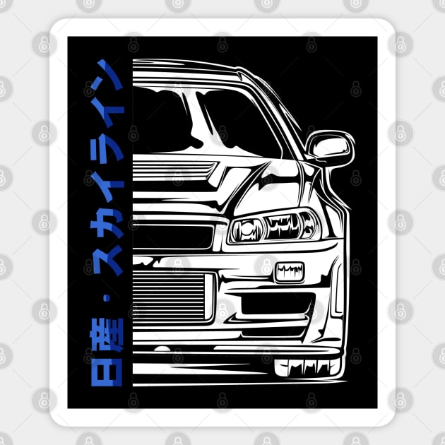 Skyline R34 GTR V Spec Half Front (White Print) Magnet by idrdesign